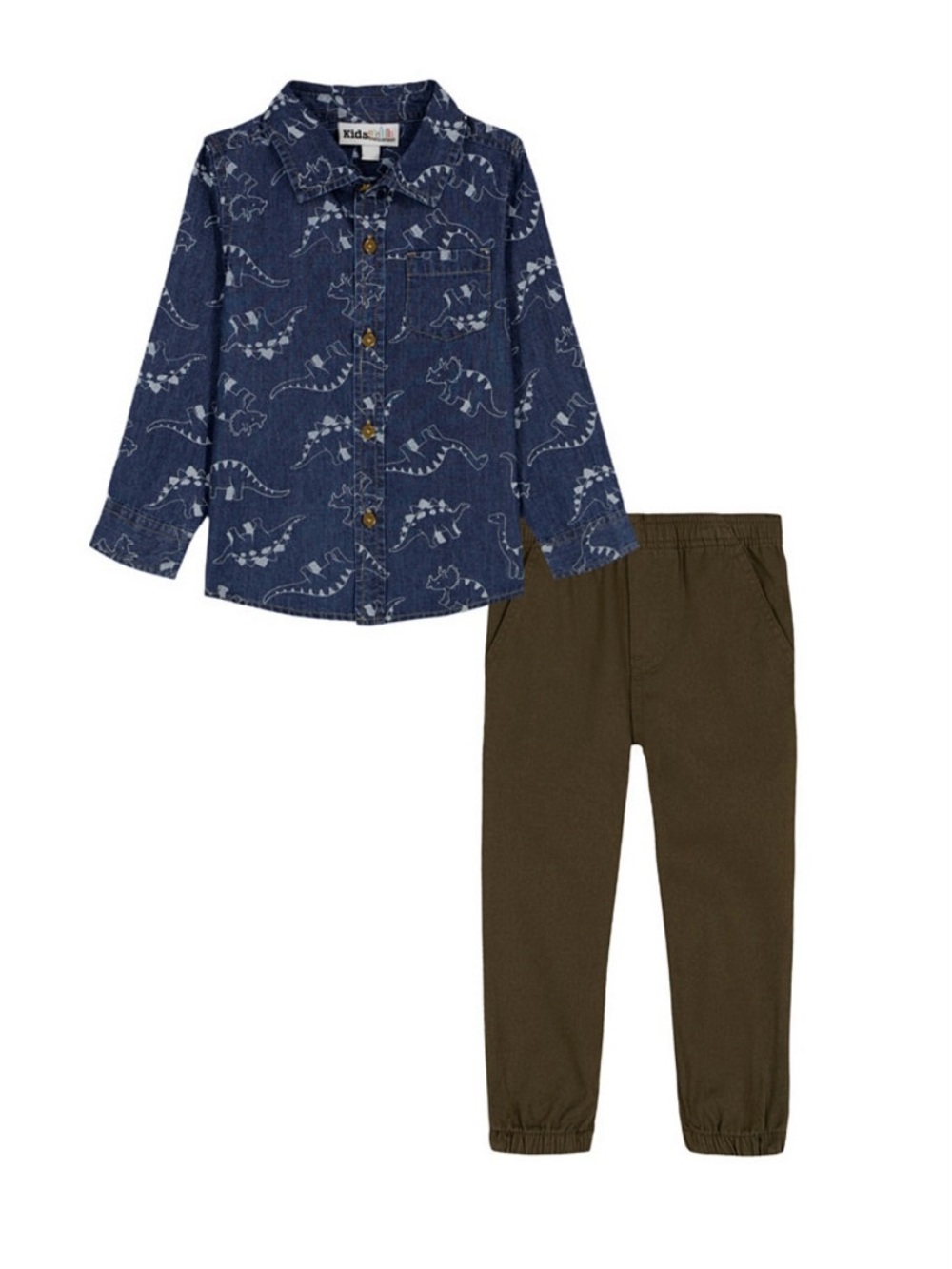 Kids Headquarters Boys Dinosaur Denim Shirt & Twill Jogger Pants Set~2T